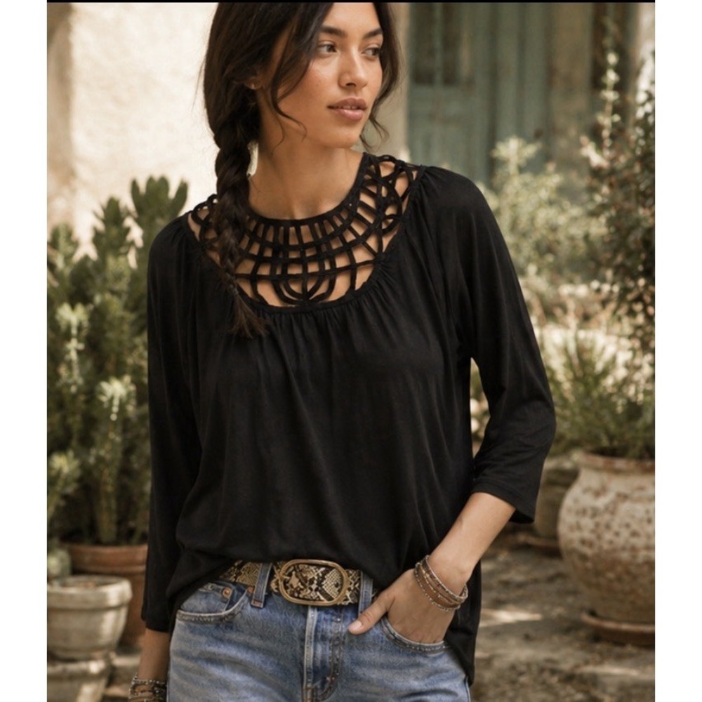 Anthropologie Graciela Black Cutout Lattice Neck 3/4 Sleeve Top M Gothic Witchy